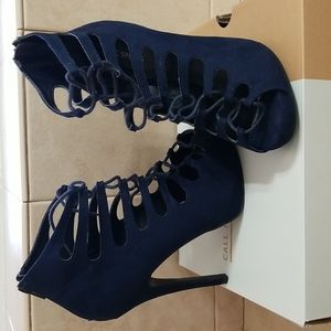 Bakers Navy Faux Suede Lace-Up Peep-Toe Booties